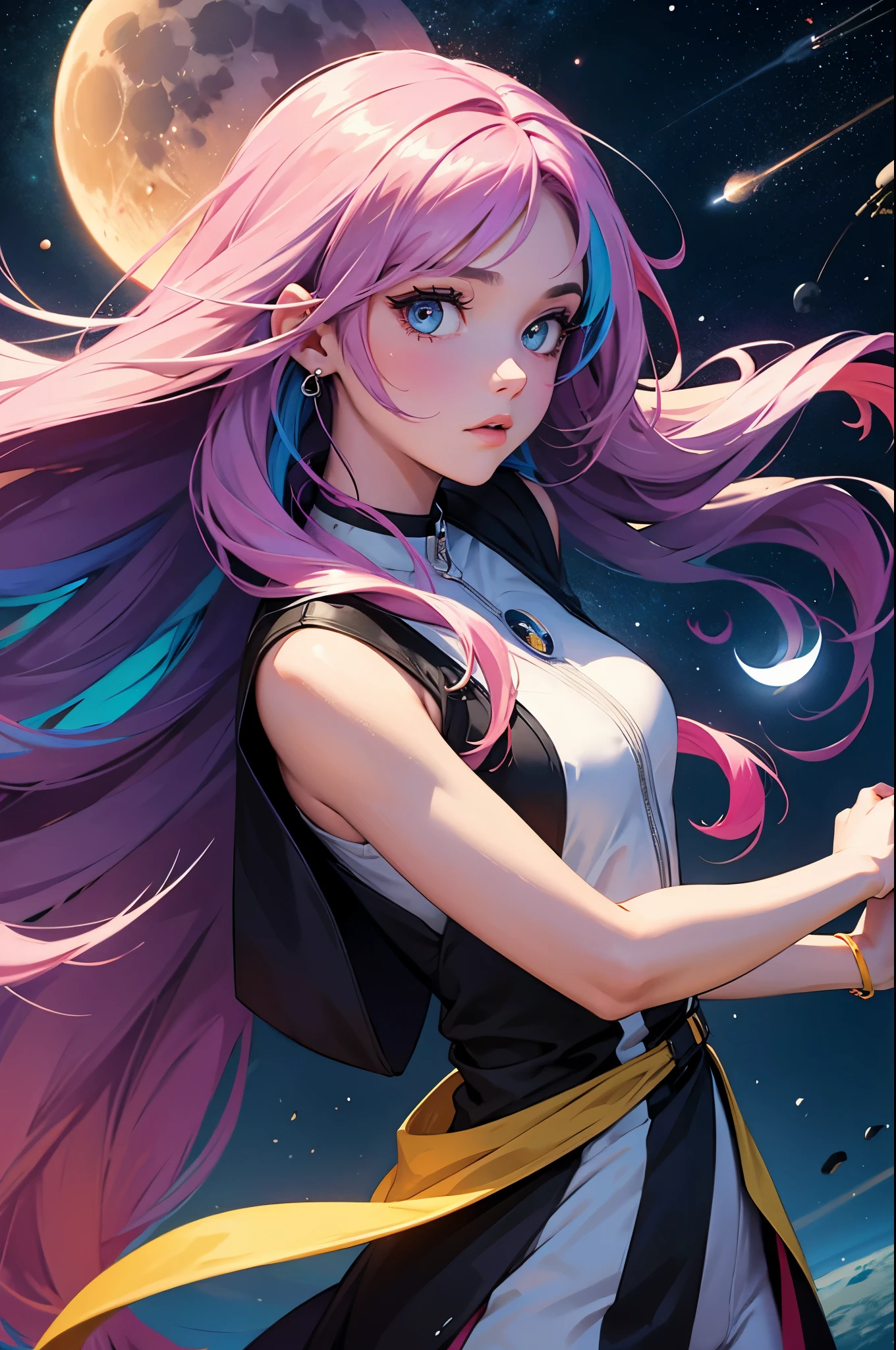 Girl with long and colorful hair, upper body, holding the moon, space