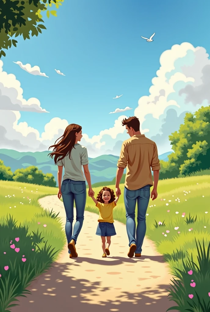 Make a family holding hands father mother daughter on the way back