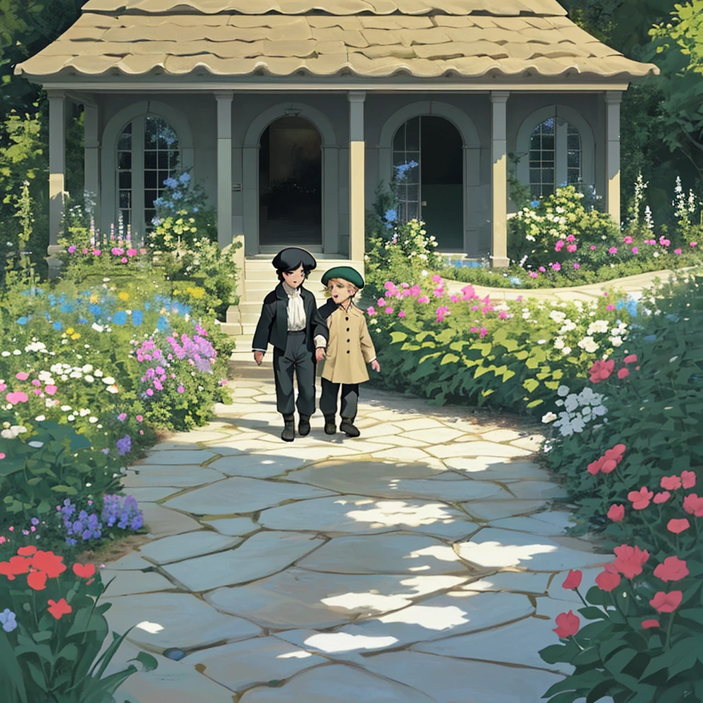 two boys, children, a taller one with black hair and a shorter one with blond hair, wearing clothes from the forties, wearing a beret, playing in the garden