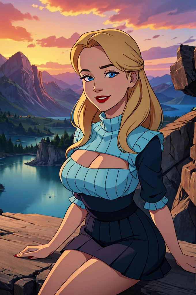 A Blonde Woman With Messy Hair, Pale Skin, & Red Lipstick On A Rock Overlooking A Mountain Valley & Alpine Lake. Wears A Dress With Woodcut Patterns, A Black Knee-Length Pleated Skirt With Blue Embroidery, & A Norwegian Sweater With Rosemaled Designs. Her Face Is Round With Full Features & A Wide Smile, Her Eyes Are Detailed And Wide, & She Poses Dynamically. Digital Painting Is In 4K Ultra HD, Rococo-Inspired Fantasy Art With Intricate Details. She Has A Cute, Charming Expression & A Alluring-Gaze, With Beautiful Blue Eyes & An-Ideal-Hourglass-Figure. Dawn Wells.