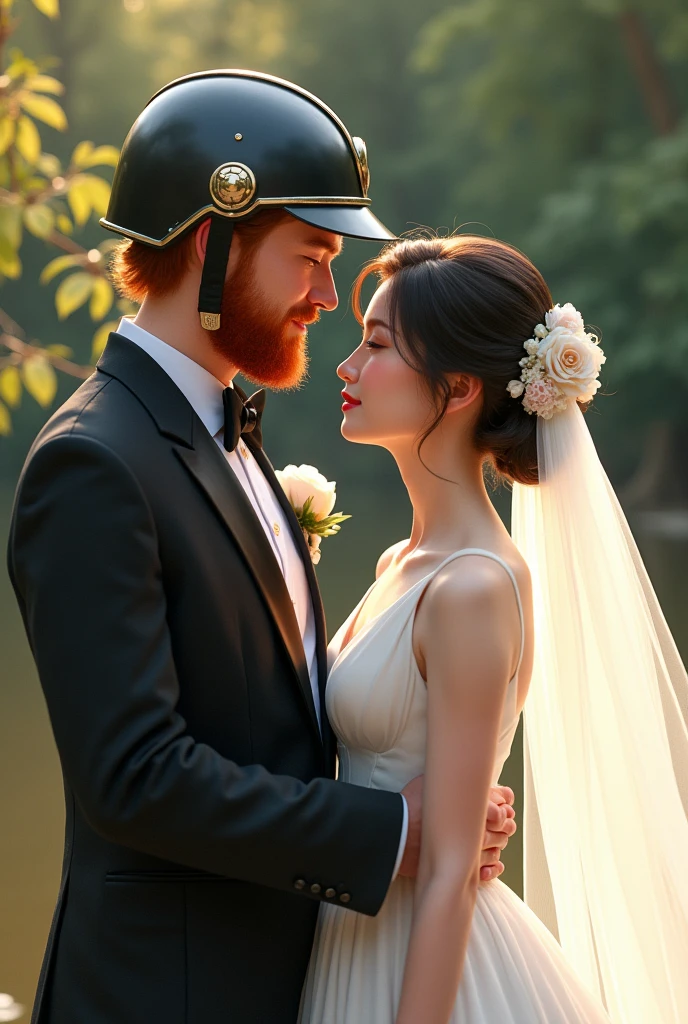 Japanese woman and Irish man getting married, the Irish man has ginger beard and hair and he wears a helmet, tuxedo and the Japanese woman wears a sleeveless white ballgown and veil