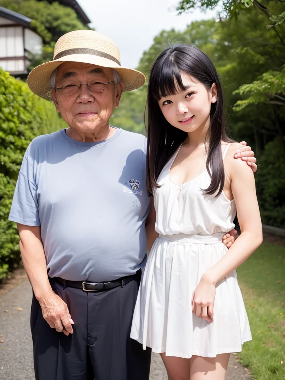 masterpiece,highest quality, 1 Japanese elderly man 1 Japanese girl,Realistic、A girl walks arm in arm with a fat old Japanese man,(petite girl,black hair girl,young and cute girl,large well-shaped udder,skinny、Girl in white tank top、Girl in a pleated skirt,A shy girl,Little smiling girl,red face),An elderly Japanese man putting his arm around a girl&#39;s side,An elderly Japanese man approaches a girl(fat man,Stubble Man,man with big belly,big face man,An elderly Japanese man wearing a gray sweatshirt,Old Japanese man grinning,Japanese old man sweating),In the shop,１４cute old japanese girl、realistic images、Idol、A girl who is pampered by an elderly Japanese man、The girl&#39;s chest stands out、High definition、An elderly Japanese man staring at a girl&#39;s body、Two people in close contact、girl with big breasts、Old Japanese man touching a girl&#39;s breast、An elderly Japanese man touches a girl&#39;s breasts with his hands while keeping their bodies close to each other、sexy girl with open chest、bra、An elderly Japanese man pampers a girl by keeping his body close to hers.、An elderly Japanese man holds a girl on his lap and holds her at close range.、sexy and cute japanese girl、cute junior high school girl