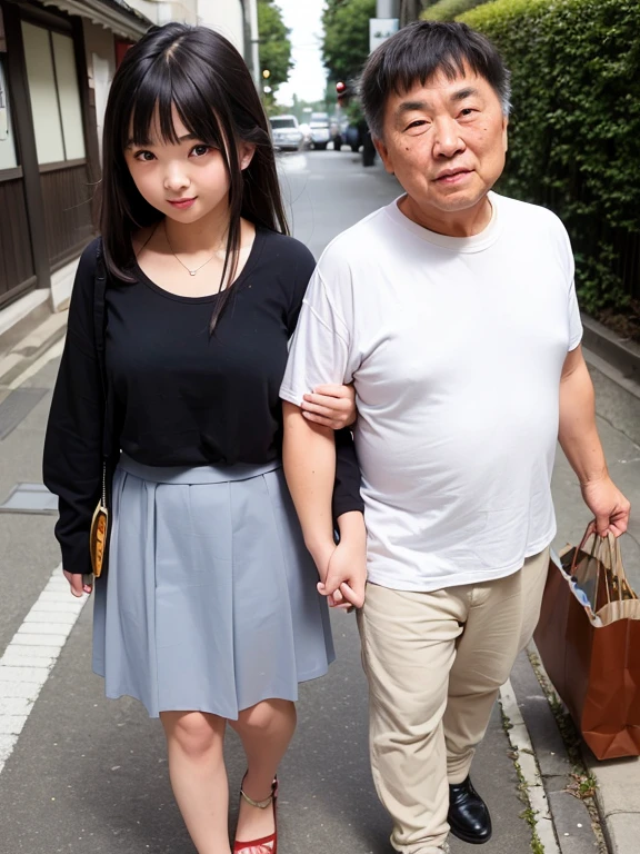 masterpiece,highest quality, 1 Japanese elderly man 1 Japanese girl,Realistic、A girl walks arm in arm with a fat old Japanese man,(petite girl,black hair girl,young and cute girl,large well-shaped udder,skinny、Girl in white tank top、Girl in a pleated skirt,A shy girl,Little smiling girl,red face),An elderly Japanese man putting his arm around a girl's side,An elderly Japanese man approaches a girl(fat man,Stubble Man,man with big belly,big face man,An elderly Japanese man wearing a gray sweatshirt,Old Japanese man grinning,Japanese old man sweating),In the shop,14cute old japanese girl、realistic images、Idol、A girl who is pampered by an elderly Japanese man、The girl's chest stands out、High definition、An elderly Japanese man staring at a girl's body、Two people in close contact、girl with big breasts、Old Japanese man touching a girl's breast、An elderly Japanese man touches a girl's breasts with his hands while keeping their bodies close to each other、sexy girl with open chest、bra、An elderly Japanese man pampers a girl by keeping his body close to hers.、An elderly Japanese man holds a girl on his lap and holds her at close range.、sexy and cute japanese girl、cute junior high school girl