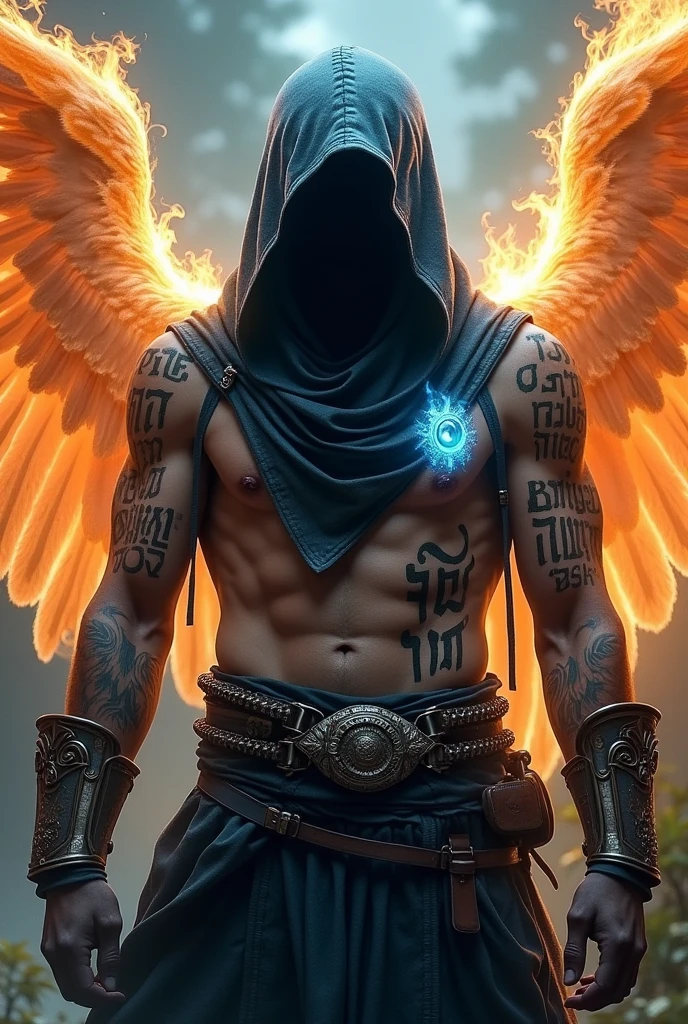 Angelic Warrior and Hooded Armor, his face is not visible and a celestial aura with (Rinnegan Branco) a piercing gaze with masculine wings of fire, mixed skin with Hebrew letters tattooed on the right side that glow blue across half of the body