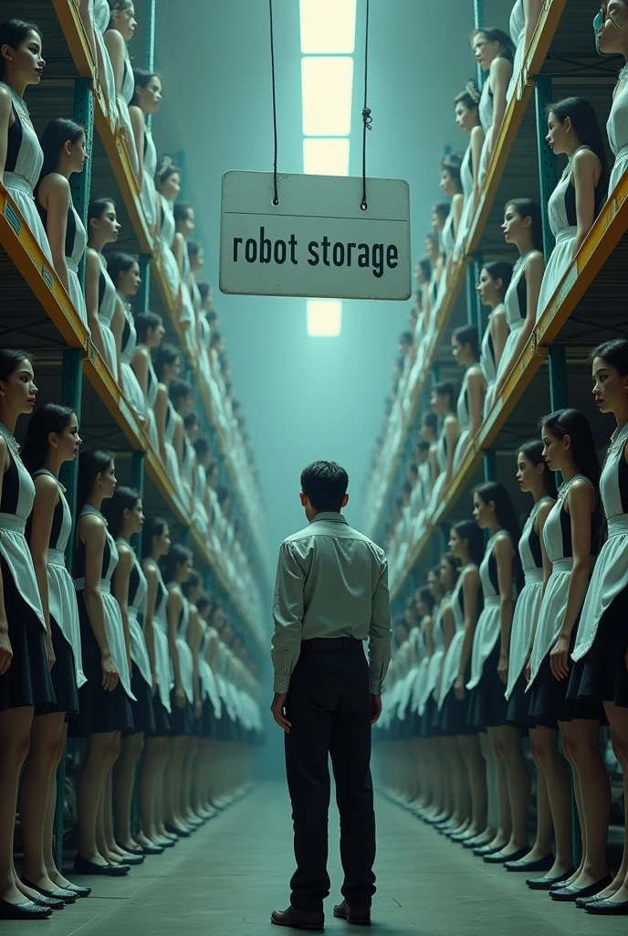 in a warehouse, A man is standing on the ground, surprised look, In front of him there are vertical columns of beautiful young women with hair of different colors., in sexy maid outfits, on individual shelves, beautiful and defined faces, standing looking at the camera with their eyes closed, There is a sign hanging that says "ROBOT STORAGE", first person view , Excellent lighting, hyperrealistic quality image, high resolution
