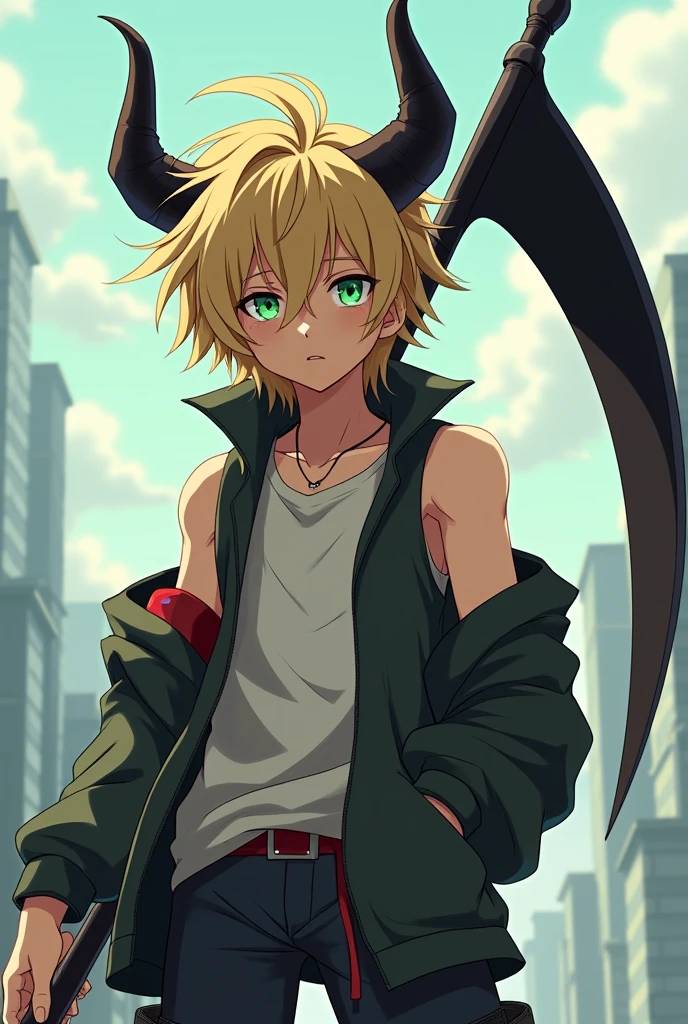 (アニメ) a teenager with blond hair and green eyes his hair reaches about to his back and is shaggy he wears a sleeveless shirt and a half closed jacket over it he also carries a huge black scythe with him he also has huge black devil horns