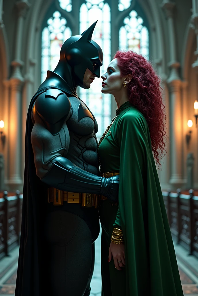 The female version of the Joker is crazy about Batman and Batman is standing next to her in a futuristic medieval gothic style church, Let them kiss each other 