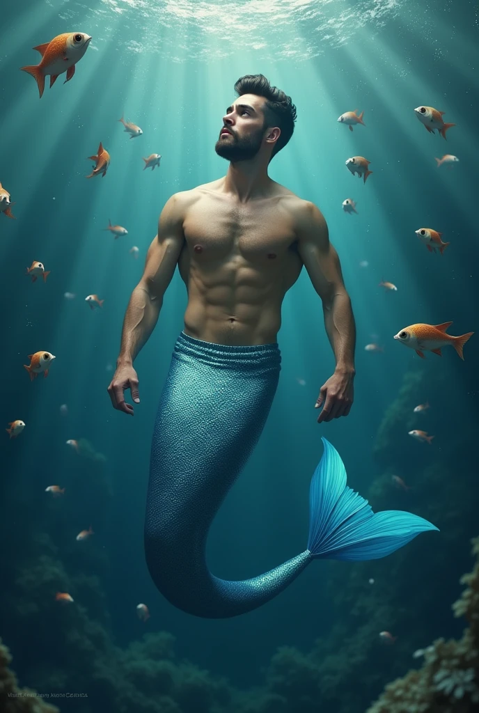 Handsome mermaid man blue tail no beard little fish around near a korañ Handsome mermaid man sexy brother fish around