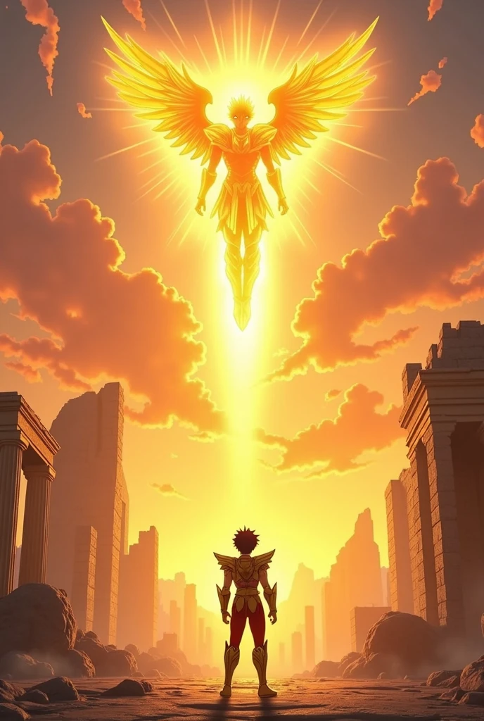 adolescente com uma roupa vermelha e branca, Cavaleiros do Zodíaco, unreal motor render São Seiya, arte oficial, joseph joestar, Arte da sede, arte oficial do anime, Akira Toriyama, Obra-prima do anime, Deus grego no estilo mecha, Parte Brando, capa de filme. A scene at sunset with a sky in shades of orange, purple, and gold. Seiya, wearing his Pegasus armor, stands in a questioning pose, facing Apollo, who hovers slightly above the ground, radiating a golden aura. Apollo's expression is enigmatic, with glowing golden eyes. The background features ruins of Greek temples and celestial pillars, blending with the sky. The atmosphere is serene yet tense, highlighting the philosophical confrontation between the mortal Seiya and the divine Apollo, with the landscape emphasizing their contrasting natures.