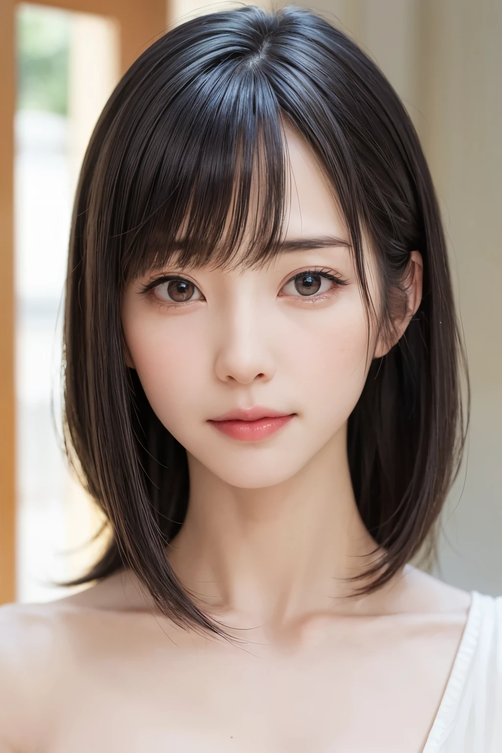 ((masterpiece, Highest quality, High resolution、Realisticですべてが美しく詳細に描かれている)), 1 person, (Realistic: 1.4), alone, White Background, snow-White Background, Mouth closed, smile, smile, Beautiful black hair, short hair, Big eyes, Transparent double eyelids, eyelash, Listen carefully, Long neck, 美しくLong neck, Absolute area, ((Face close-up)), (Draw the whole head, shoulder), 1, Attractive proportions, Glowing Skin, Beautiful clavicle, Golden ratio face, Perfect Face, Teardrop-shaped mole, chestのほくろ, bangs, clean bangs, beautiful bangs, Lip gloss, Thin lips, Fair skin, naked, Big Breasts, {Huge|big|Hugeな|Mega} chest:2, chestの谷間:2,chestの谷間を見せる、Small face, Small face, All the heads are painted, shoulder all drawn, Point slightly above the camera