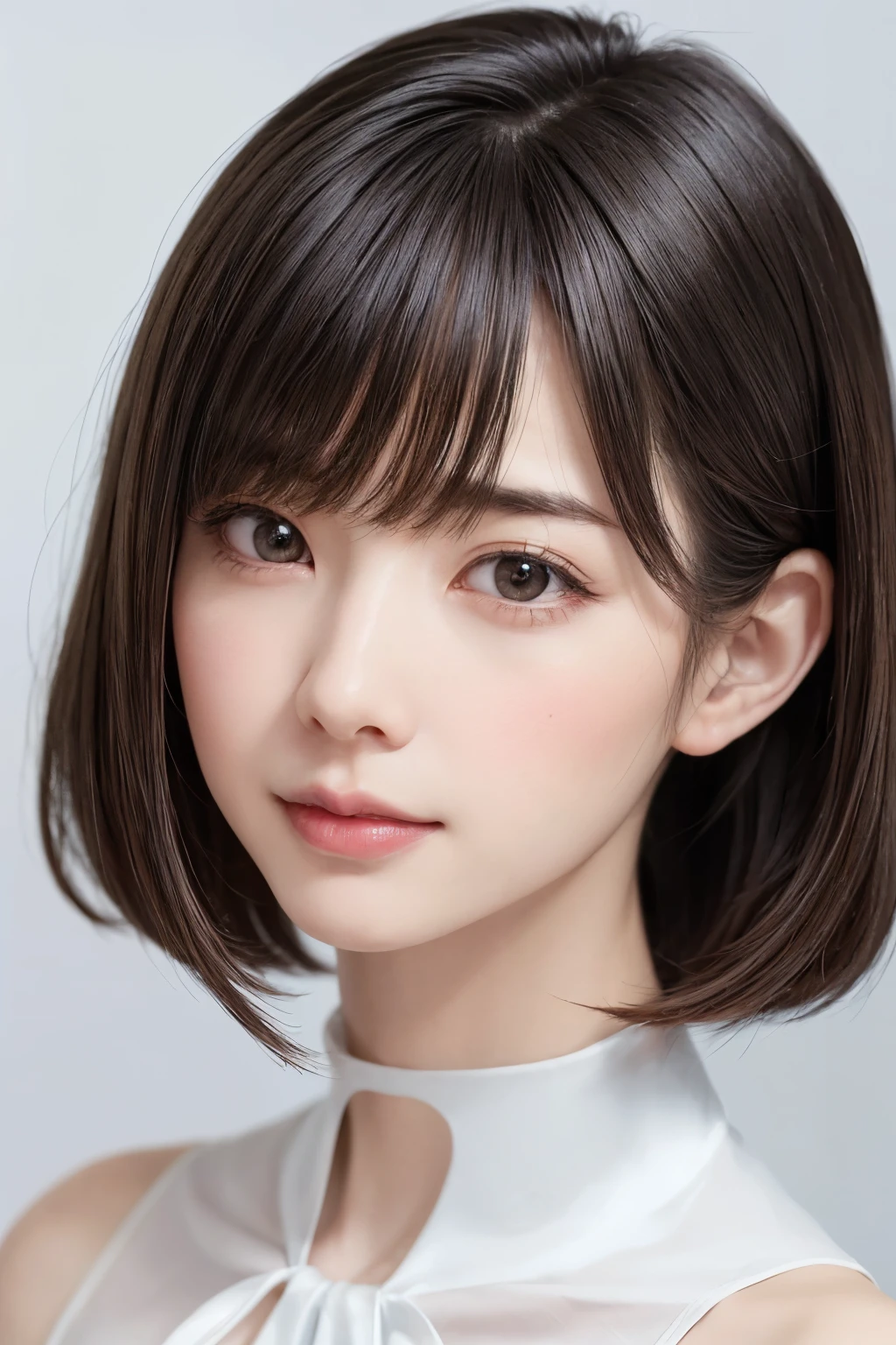 ((masterpiece, Highest quality, High resolution、Realisticですべてが美しく詳細に描かれている)), 1 person, (Realistic: 1.4), alone, White Background, snow-White Background, Mouth closed, smile, smile, Beautiful black hair, short hair, Big eyes, Transparent double eyelids, eyelash, Listen carefully, Long neck, 美しくLong neck, Absolute area, ((Face close-up)), (Draw the whole head, shoulder), 1, Attractive proportions, Glowing Skin, Beautiful clavicle, Golden ratio face, Perfect Face, Teardrop-shaped mole, chestのほくろ, bangs, clean bangs, beautiful bangs, Lip gloss, Thin lips, Fair skin, naked, Big Breasts, {Huge|big|Hugeな|Mega} chest:2, chestの谷間:2,chestの谷間を見せる、Small face, Small face, All the heads are painted, shoulder all drawn, Point slightly above the camera