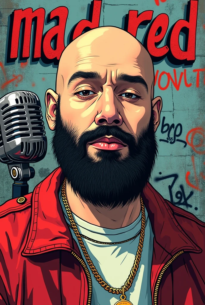 Create an illustration, 90s style drawing showing a white-skinned rapper,bald with beard, that his face is not seen much, There is a microphone on the scene, graffiti, things related to hip hop music, somewhere in saying Mad Red and Involution, Mad Red graffiti text somewhere