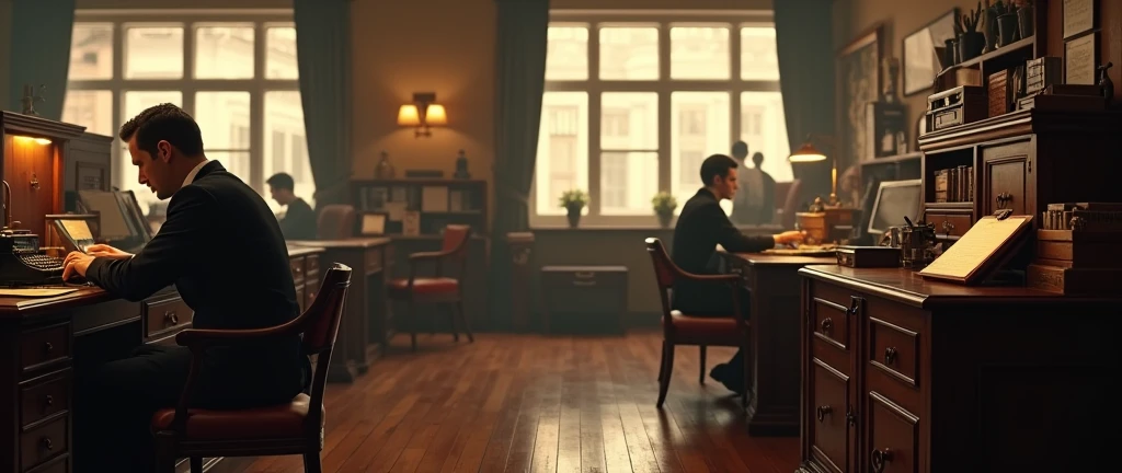 a detailed office scene in 1940s style, photorealistic, 1person working at desk with typewriter, coworkers in background, vintage furniture and decor, warm lighting, sepia tones, realistic textures, highly detailed, masterpiece, cinematic atmosphere, (best quality,8k,highres,masterpiece:1.2),ultra-detailed,(realistic,photorealistic,photo-realistic:1.37),cinematic lighting,dramatic lighting,film grain effect,warm color palette,vintage office equipment,old-fashioned office supplies,hardwood floors,period-accurate architecture,