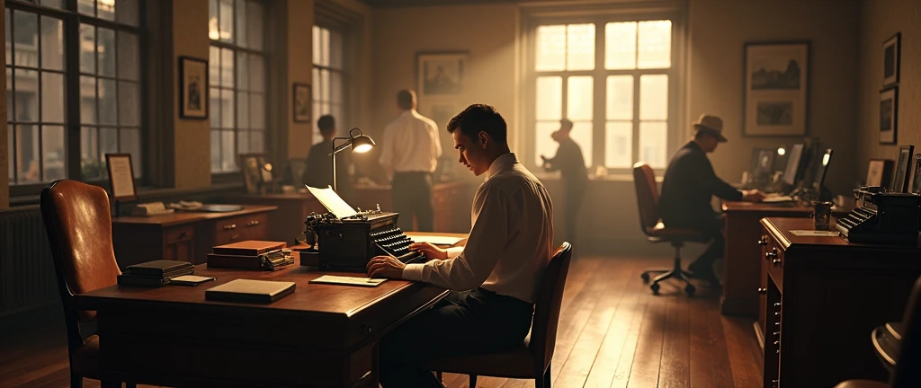 a detailed office scene in 1940s style, photorealistic, 1person working at desk with typewriter, coworkers in background, vintage furniture and decor, warm lighting, sepia tones, realistic textures, highly detailed, masterpiece, cinematic atmosphere, (best quality,8k,highres,masterpiece:1.2),ultra-detailed,(realistic,photorealistic,photo-realistic:1.37),cinematic lighting,dramatic lighting,film grain effect,warm color palette,vintage office equipment,old-fashioned office supplies,hardwood floors,period-accurate architecture,