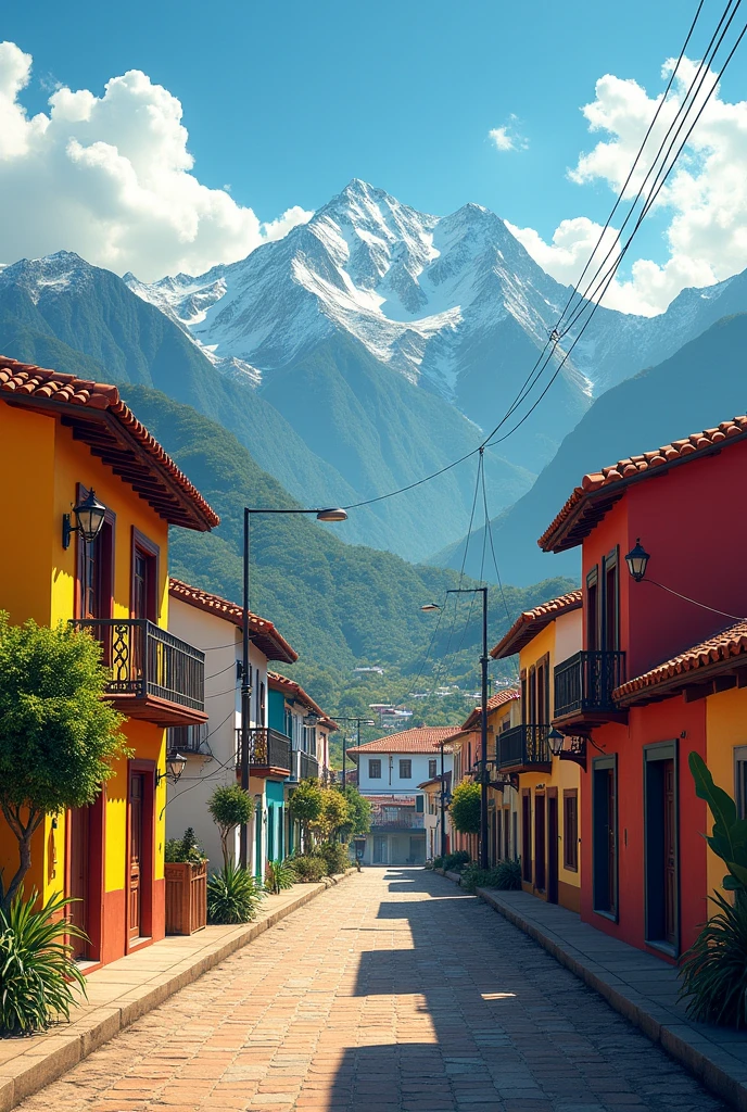 Create a background with a street, Colombian houses and mountains