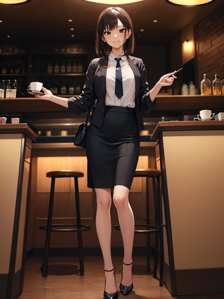 (masterpiece:1.3),(best quality, highest quality),((Full Body Shot,Including face)),girls,4K,masterpiece,((Focus on the face)),((Symmetrical facial features)),Beautiful woman,(slender),((High heels)),Detailed depiction of the face, Cafe ,bar,tie,See-through shirt,Casual wear,skirt,Age 25,(smile),kawaii, (illustration:1.3),Focus on the face,Sit on a chair