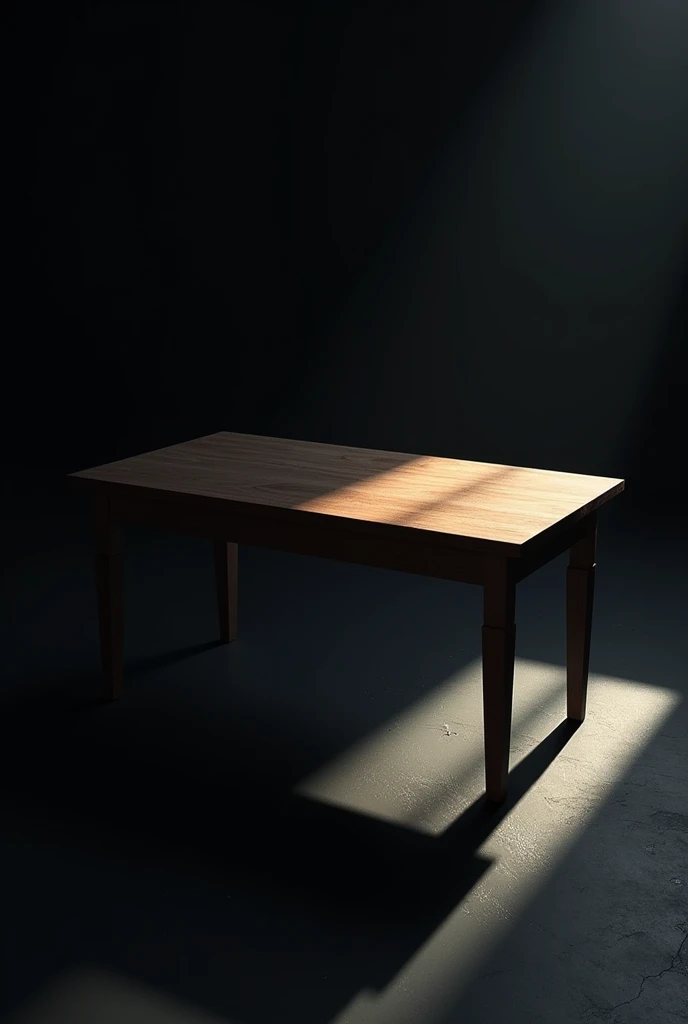 create a table, with a dramatic atmosphere, with shadows, close up diagonal view above