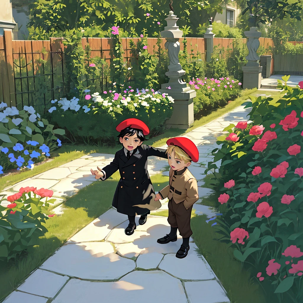 two boys, children, a taller one with black hair and a shorter one with blond hair, wearing clothes from the forties, wearing a beret, playing in the garden