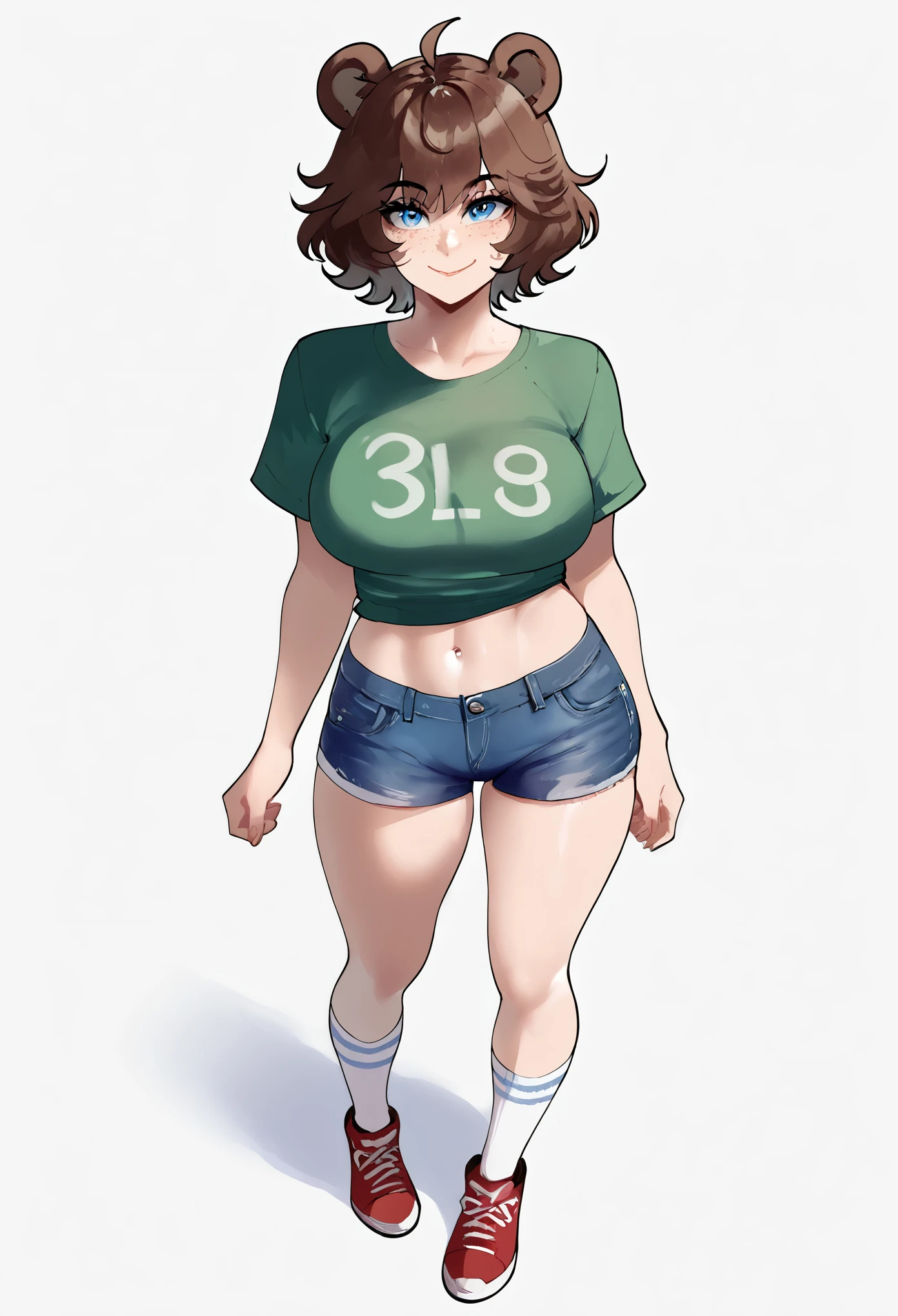 score_9_up, score_8_up, score_7_up, 1girl, solo, source_anime, hourglass figure, Big breasts, (Nyantcha style), kemonomimi, bear ears, brown hair, short hair, messy_hair, blue eyes BREAK freckles, green shirt, short sleeves, navel, denim shorts, high socks, white socks, red sneakers, standing, white background, smile, closed mouth, looking at viewer, 