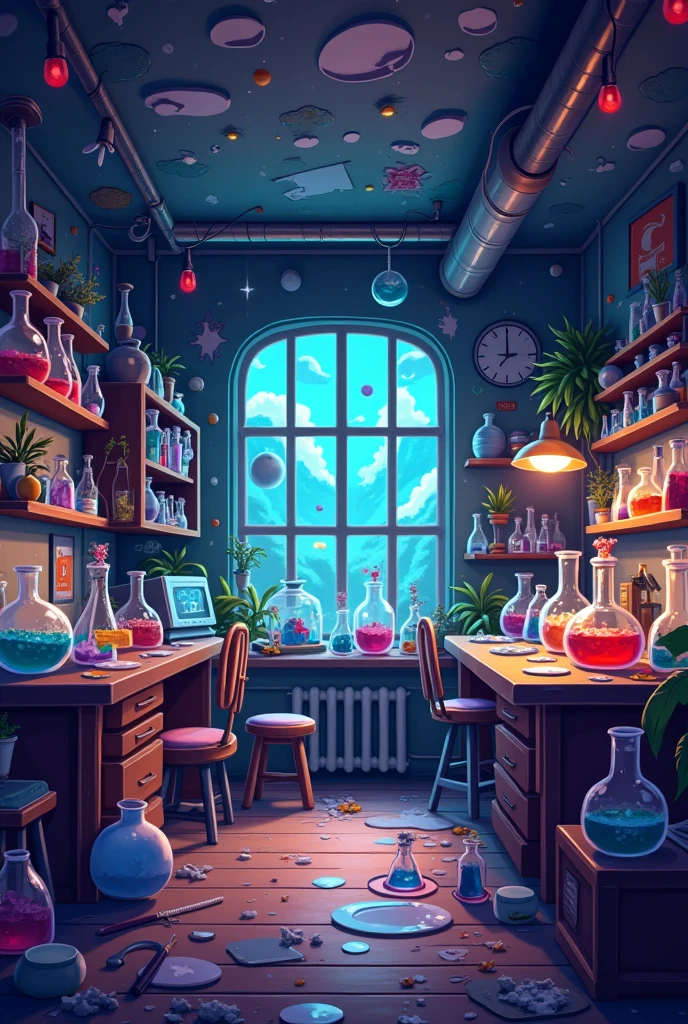 8 bit animation, a room in chaos like a laboratory, mischievous elves, (best quality,4k,8k,highres,masterpiece:1.2),ultra-detailed,(realistic,photorealistic,photo-realistic:1.37),whimsical,fantasy,surreal,vibrant colors,colorful,bright lighting,messy,chaotic,clutter,test tubes,beakers,bubbles,glowing,pixelated,retro,vintage,pixelart