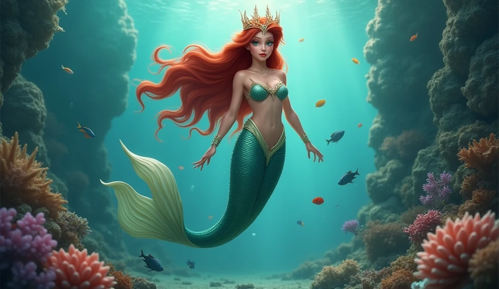 show a mermaid queen, similar to the mermaid Ariel