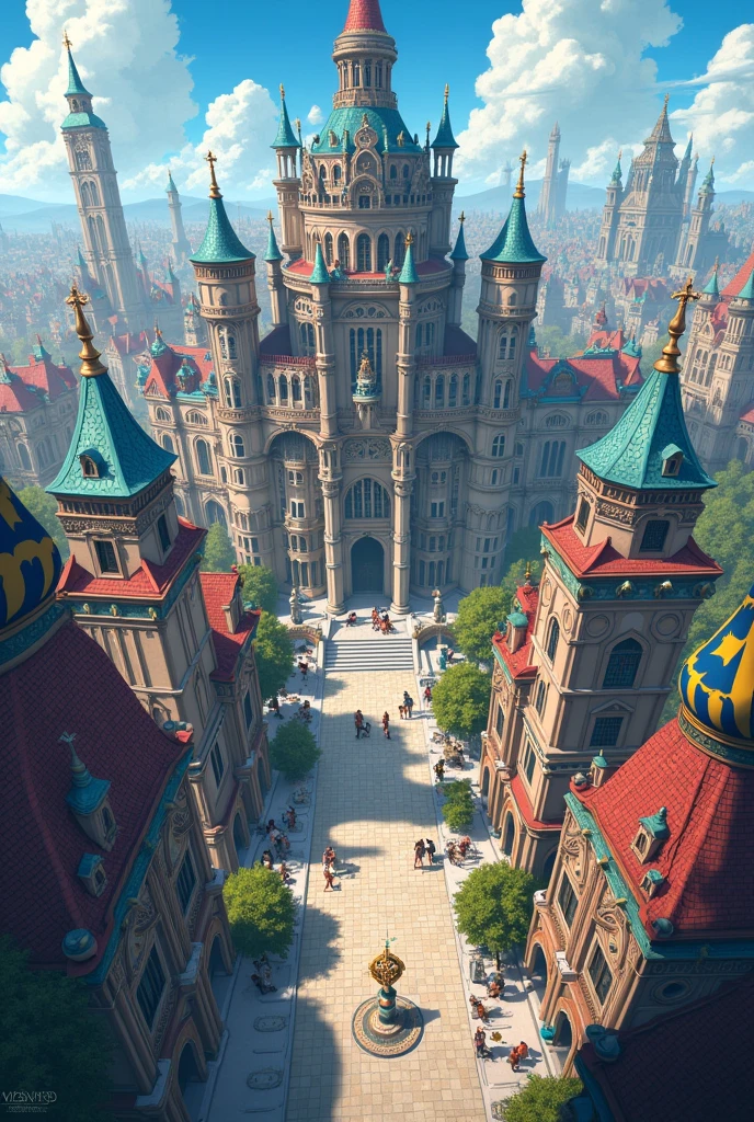 a city with gothic, aristocratic and carnival vibes in anime style, bird eye view