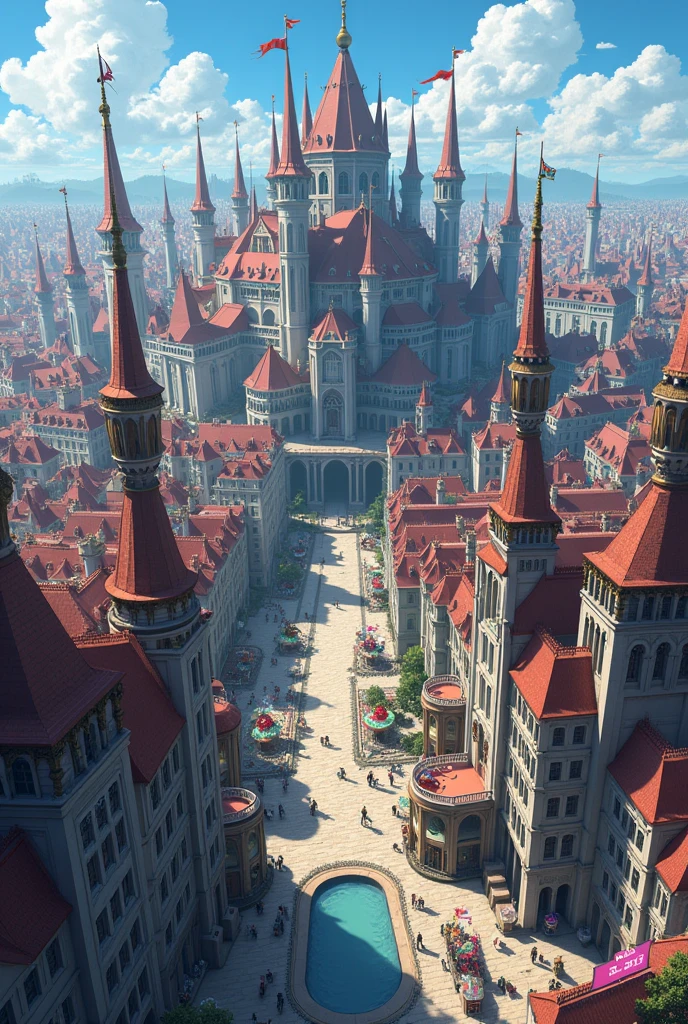 a city with gothic, aristocratic and carnival vibes in anime style, bird eye view