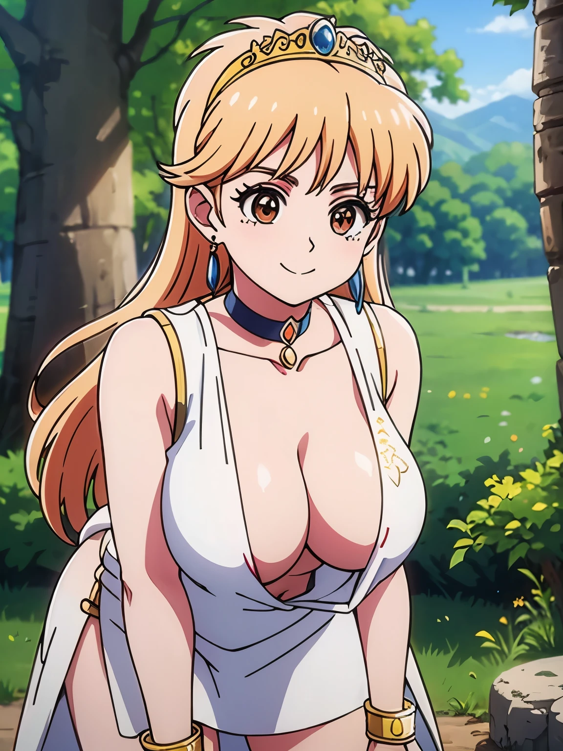 (masterpiece, highest quality:1.2), Ultra-high resolution), RAW Photos, Professional Lighting, Cinema Lighting, (1girl), Leona, Dragon Quest:dai no daibouken, (blonde, Long Hair, Brown eyes, tiara, hair ornaments, bangs), ((earrings, brass Circlet, choker, white cape & cloak, sleeveless white cardigan, green short dress, torn white knee high socks, golden bracelet)), ultra large natural breasts, Super huge tits, Super huge boob, Super huge cleavages, (nature, grasses, rocks, trees, lake, sky, mountain view), detailed face, detailed eyes, clear & fine eyes, Standing, bending upper body deeply, ((real down blouse & nipslip, visible nipples from leaning forward posture, exposed nipples from leaning forward posture, disclosed nipples from leaning forward posture)), ((deep leaning forward posture)), half smile, front view, 