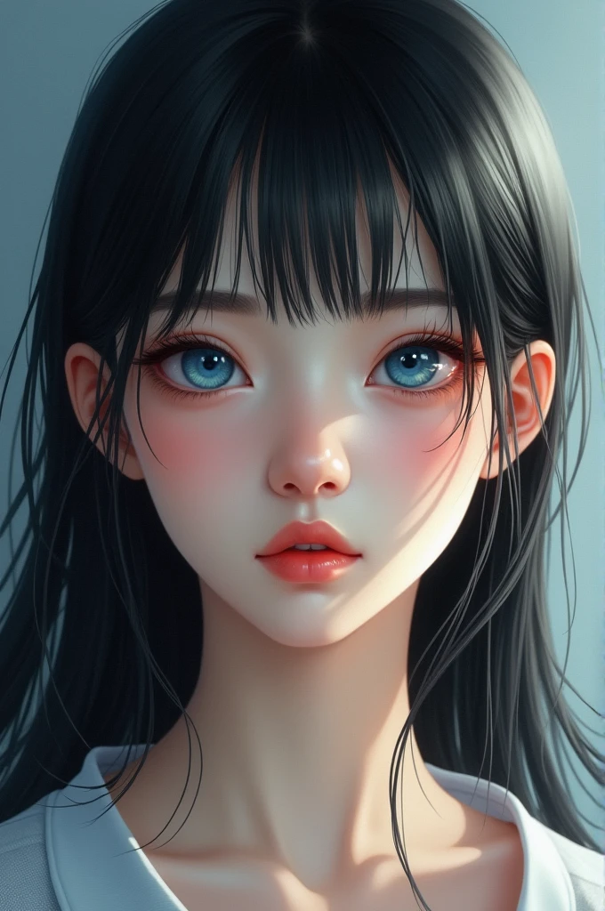 Generate an image of a beautiful young white girl, with straight black hair with bangs, and blue eyes.