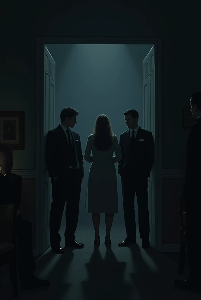 Secret meeting with 4 men and a woman in a dark room, no faces visible