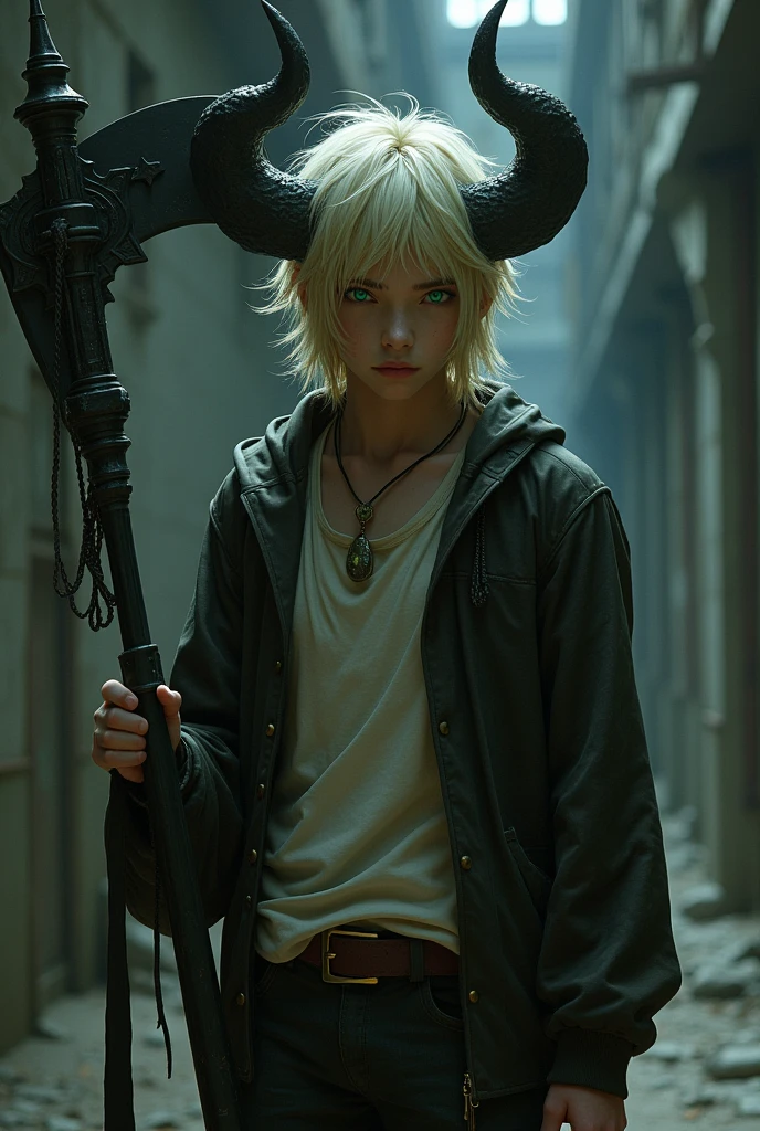 a teenager with blond hair and green eyes his hair reaches about to his back and is shaggy he wears a sleeveless shirt and a half closed jacket over it he also carries a huge black scythe with him he also has huge black devil horns