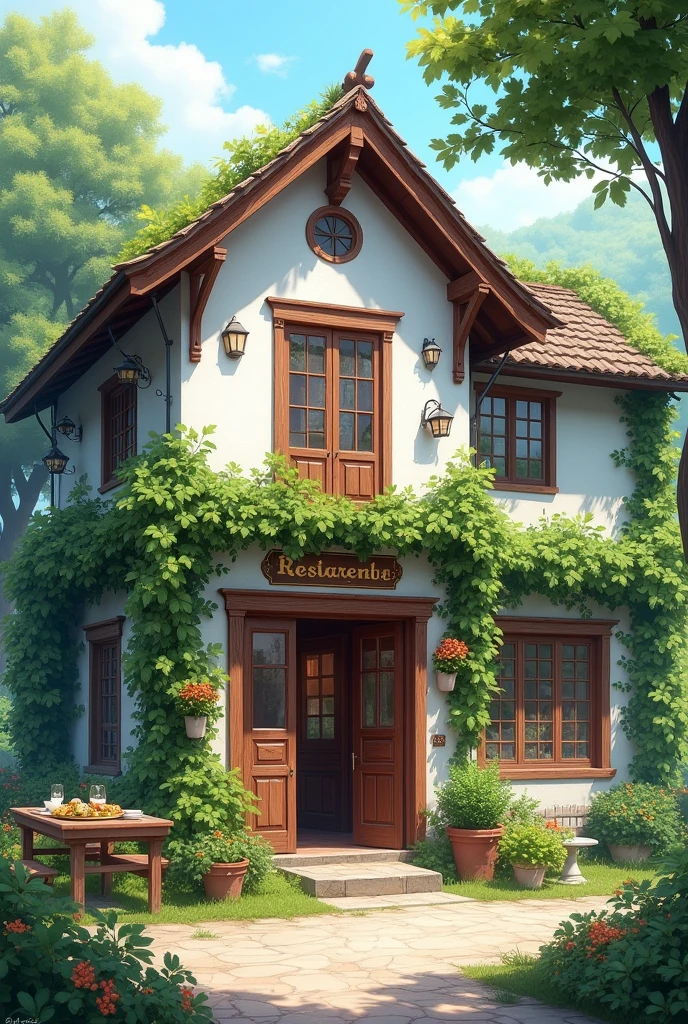 a white house-style restaurant with lots of vegetation, with a second floor and swing doors and that is rustic