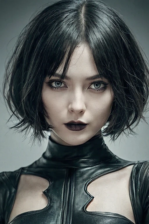 perfect female android, short hair, Straight Front Fringe covering the forehead up to the eyebrows, Yor Forger style hair, black gothic futuristic outfit with gray details