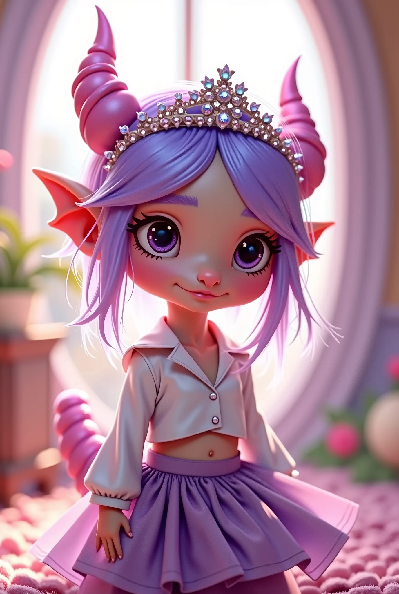Pink child dragon with lilac hair wearing a purple skirt and white shirt and a tiara holding her hair back Pixar