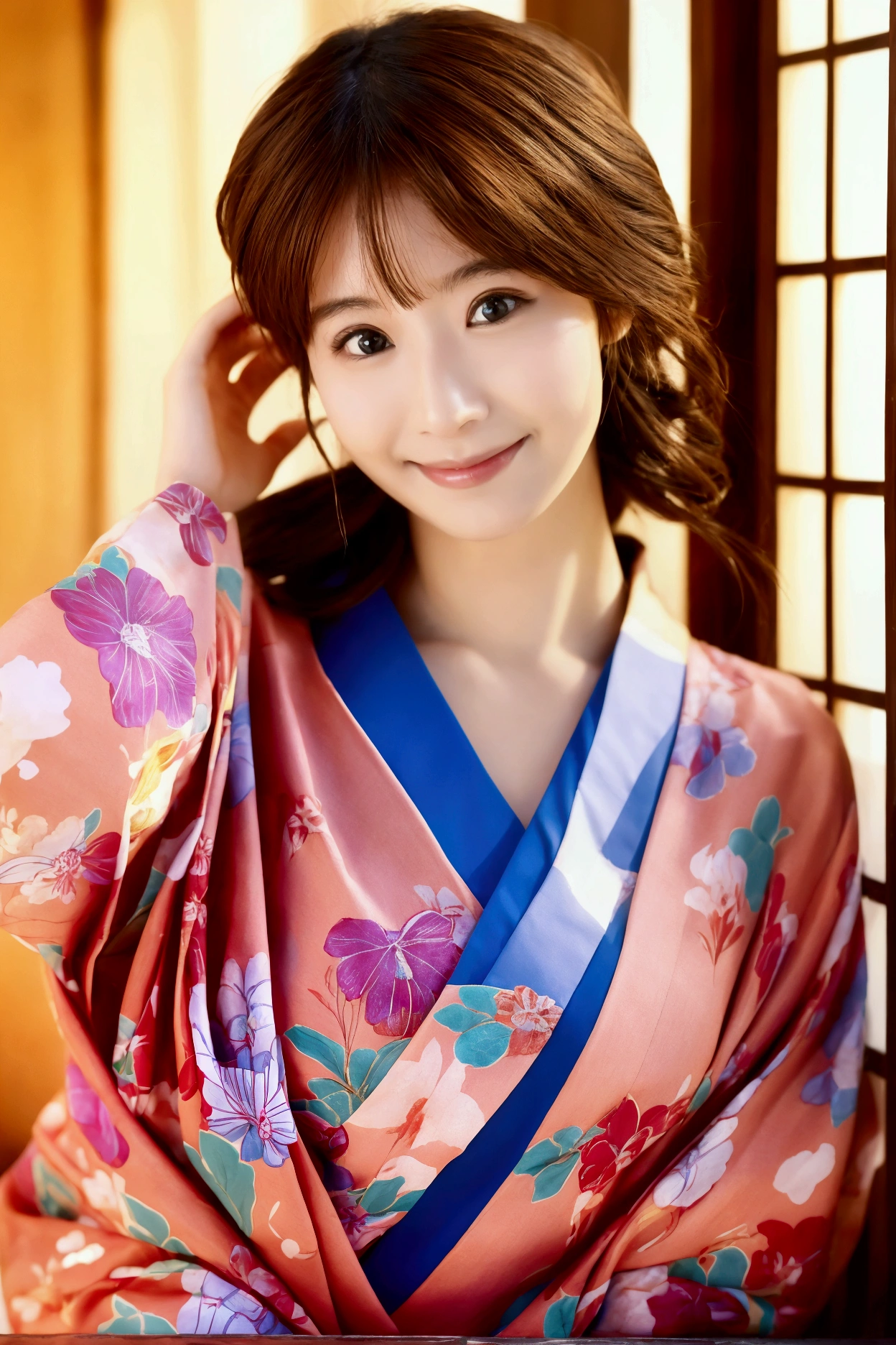 smile, Okinawa, Ryukyu, front, 最high quality、high quality、Best image quality、8k、最High resolution、High resolution、Realistic photos, Healthy body, Beautiful Eyes, flowing brown hair, Colorful kimono, Calm expression, Soft lighting, Traditional Japanese art style, Vibrant colors, Peaceful atmosphere, Delicate features, Graceful posture, Beautiful Landscape, 1