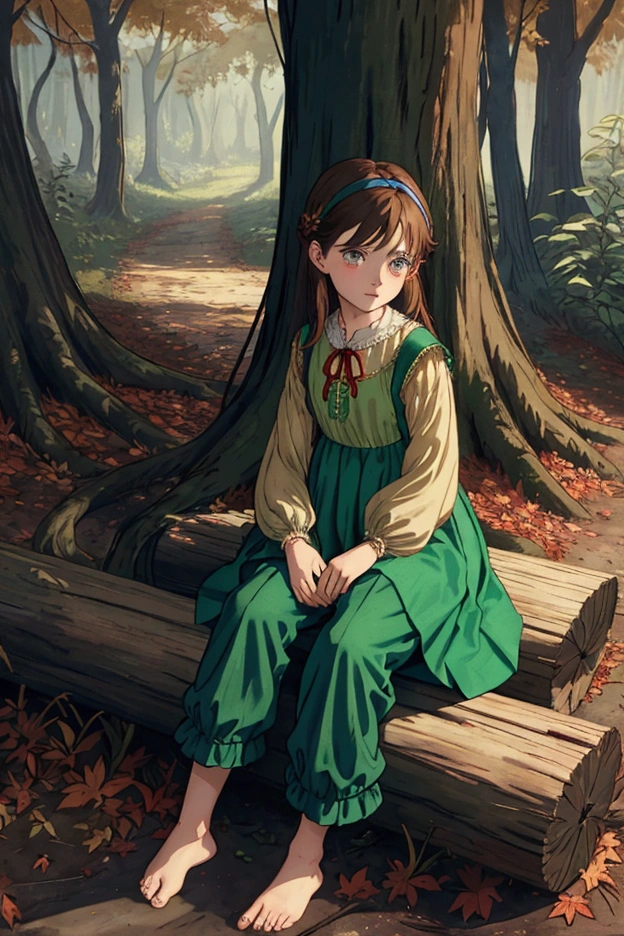 In a forest, a teeneger boy  (blue shirt and green pants halfway down his legs, no shoes, very flowing brown hair), ((Peter Pan style)) and a teeneger girl  (dress and blouse in neutral tones almost medieval clothes ), light brown hair at shoulder length, are sitting under a tree. The boy's expression is one of joy, the girl's expression is one of sadness. It's an autumn dark afternoon, dry leaves cover the ground. Very detailed design, Gustave Dore style. The clothes remind us of Grimm Brothers tales