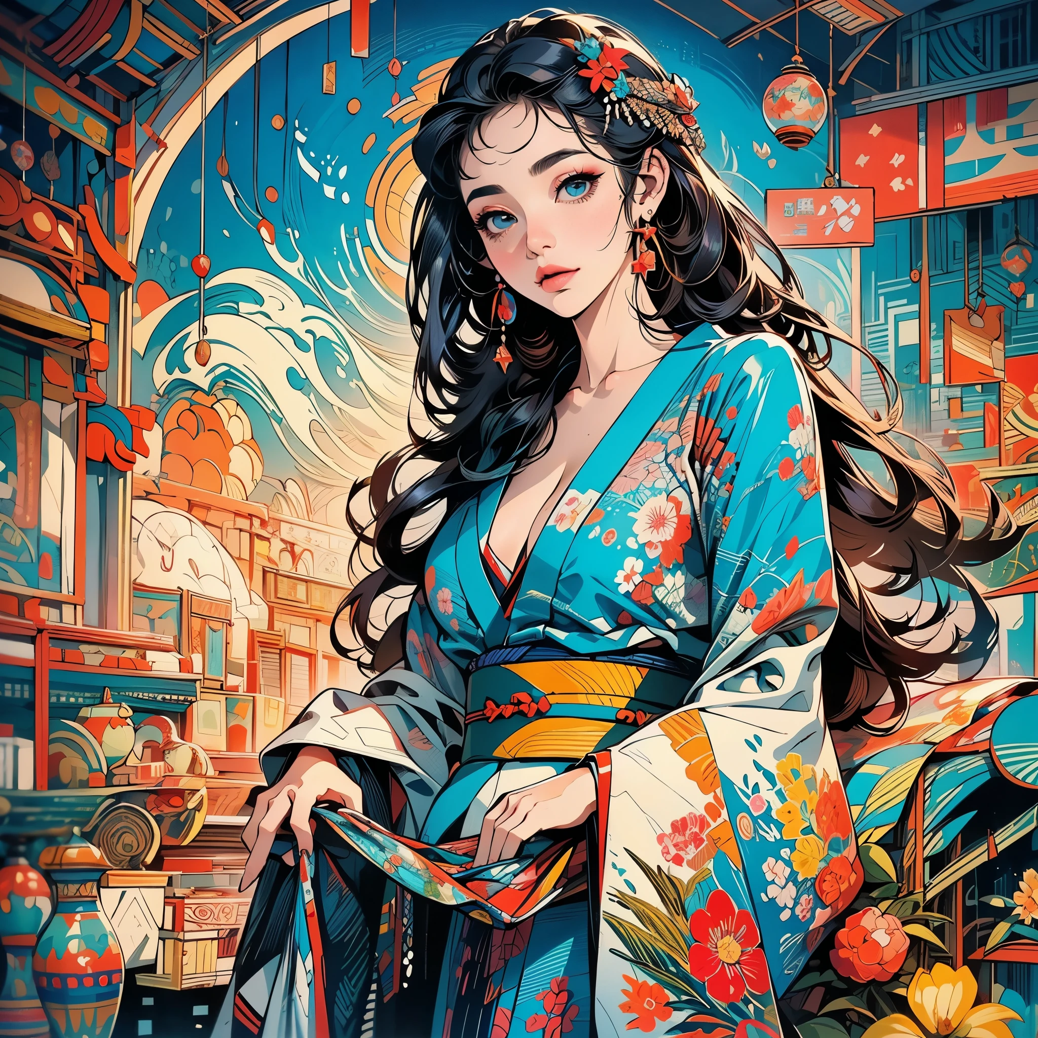 Half-body picture, better quality, work of art, Ultra high resolution, (realism: 1.4), original photo, (Realistic skin texture: 1.3), (Film texture: 1.3), (Selfie corner), 1 woman, Beautiful big eyes and facial details, long hair,In a kimono, charming, open shoulders, work of art, better quality, looking at the audience