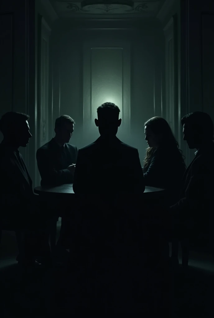 Secret meeting with 4 men and a woman in a dark room, no faces visible