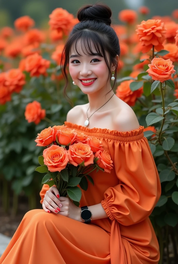 a beautiful Indonesian woman, smooth white skin, well-groomed face,top bun hair, Korean style with bangs, ,wearing a closed chest dress, orange knee length,left and right sleeves with beautiful ribbons,balloon sleeve model ,holding a bouquet of orange roses, ,black watch, white shoes, Sitting pose, di rerimbunan bunga mawar, orange-red color that flowers beautifully and densely. Rose garden background, beautiful very amazing .Realistic original photo