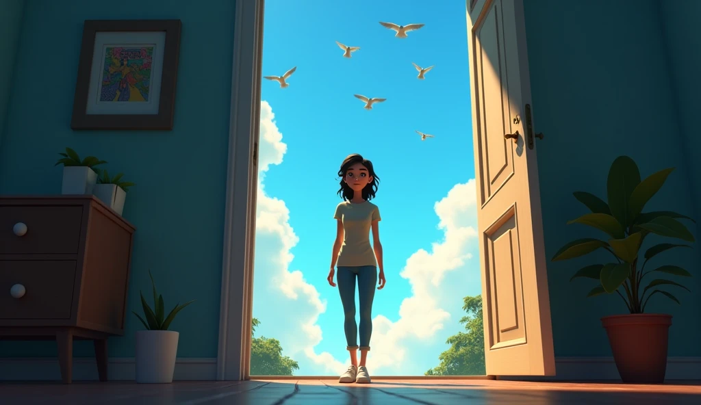 A woman stepping out of the house, with the door closing slowly behind her. The scene outside shows a bright morning with a blue sky and birds flying free. Her face is set forward, full of determination and hope, leaving the dark shadows behind.Style:3d pixar animation