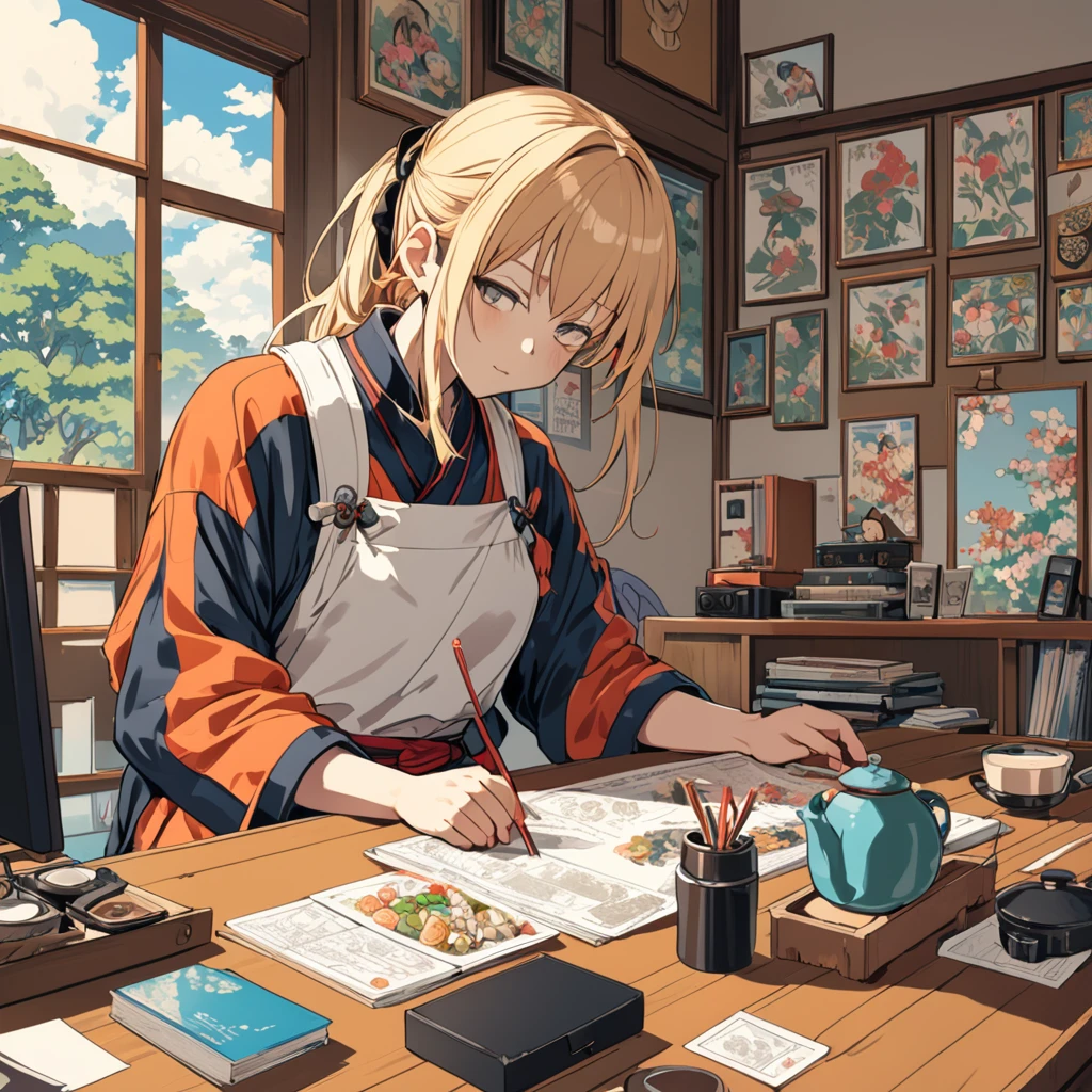 ((Japanese cartoon:1.4,illustration)),(masterpiece, top quality, best quality),(Super detailed, absolute resolution),((16K, High resolution)). rest {Lofi Art, Laurie Greasley style, Xin Haicheng's style, Japanese cartoon aesthetic}, rest 放鬆的女孩、A lot of books、Lots of CDs、relaxing cat}