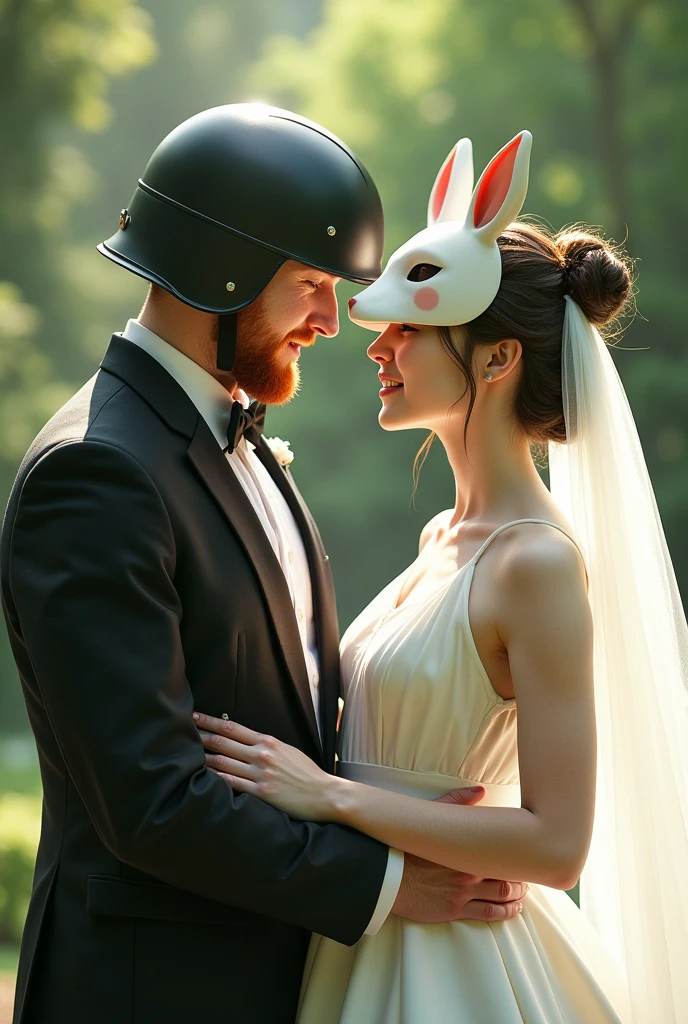 Japanese woman and Irish man getting married, the Irish man has ginger beard and hair and he wears a helmet, tuxedo and the Japanese woman wears a sleeveless white ballgown, veil and kitsune mask