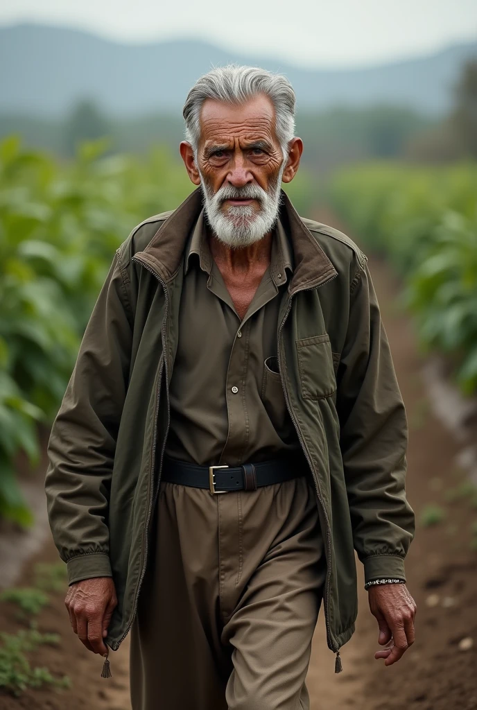 Very wide portrait, distant that shows the entire body of an elderly man with features worn by time.  In it you can see the man&#39;s feet and head..Your skin is wrinkled with age spots, deep lines around the eyes and mouth. He has clear and expressive eyes that convey wisdom and life experiences.. He sports a well-groomed white beard and neatly combed gray hair.. He was walking over the plantation 
