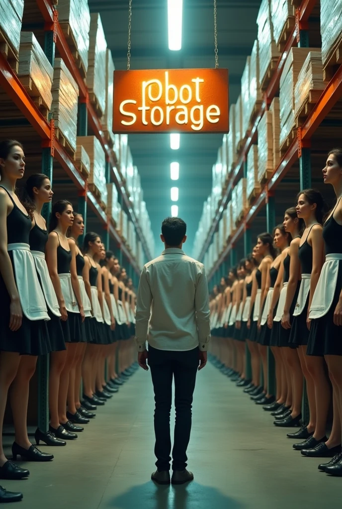 in a warehouse, A man is standing on the ground, surprised look, In front of him are vertical rows of beautiful young women with hair of different colors., in sexy maid outfits, on individual shelves, beautiful and defined faces, standing looking at the camera with their eyes closed, There is a sign hanging that says "ROBOT STORAGE", first person view , Excellent lighting, hyperrealistic quality image, high resolution