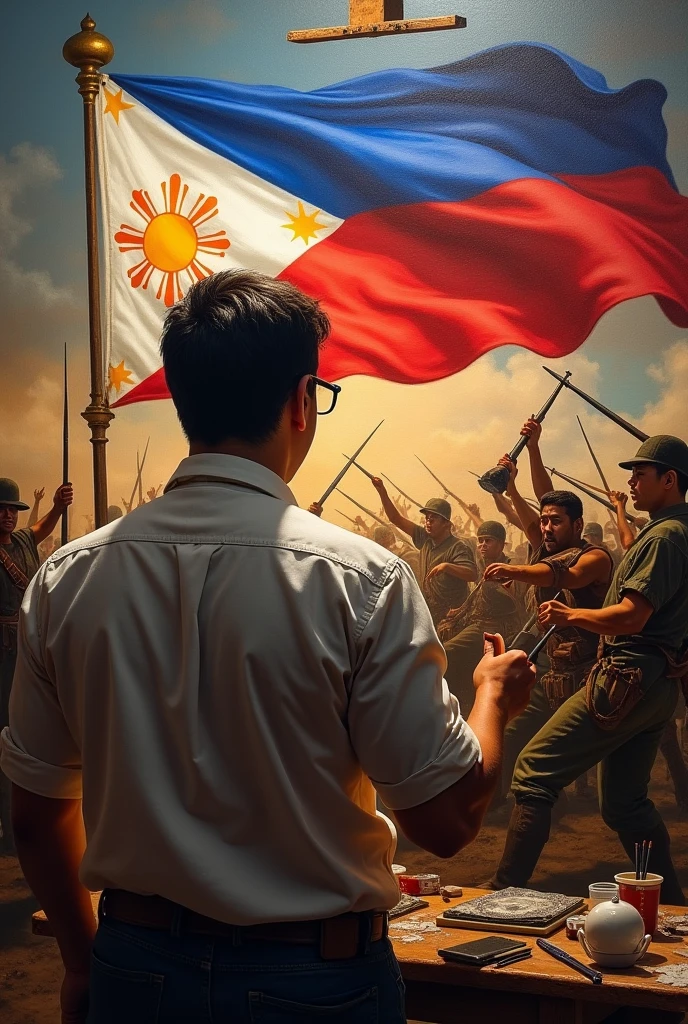 An artists painting a masterpiece and facing to the front and the background is philippine flag with filipinos and spaniards fighting in the back