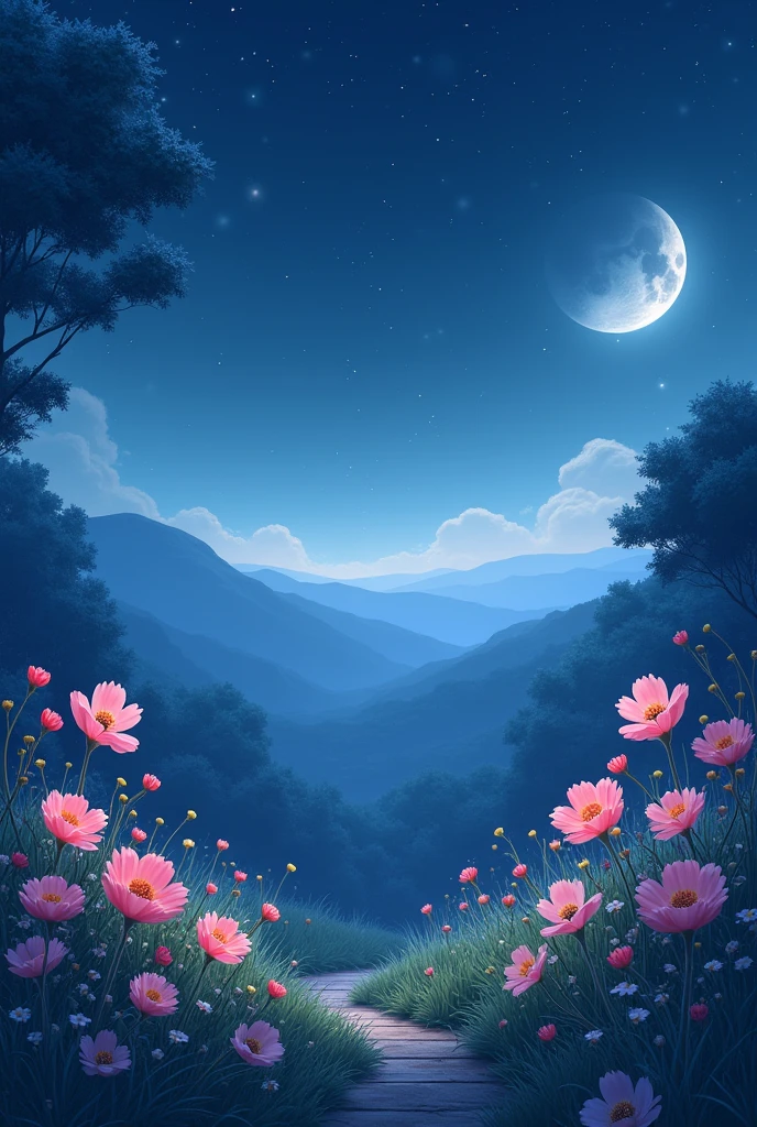 a simple landscape at night with flowers