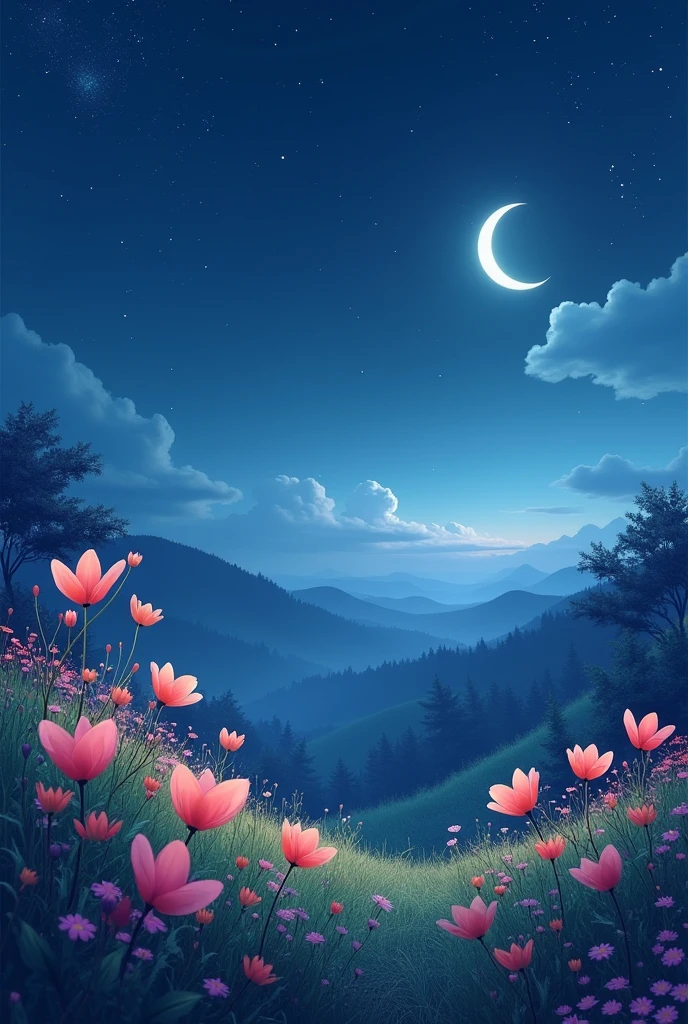 a simple landscape at night with flowers