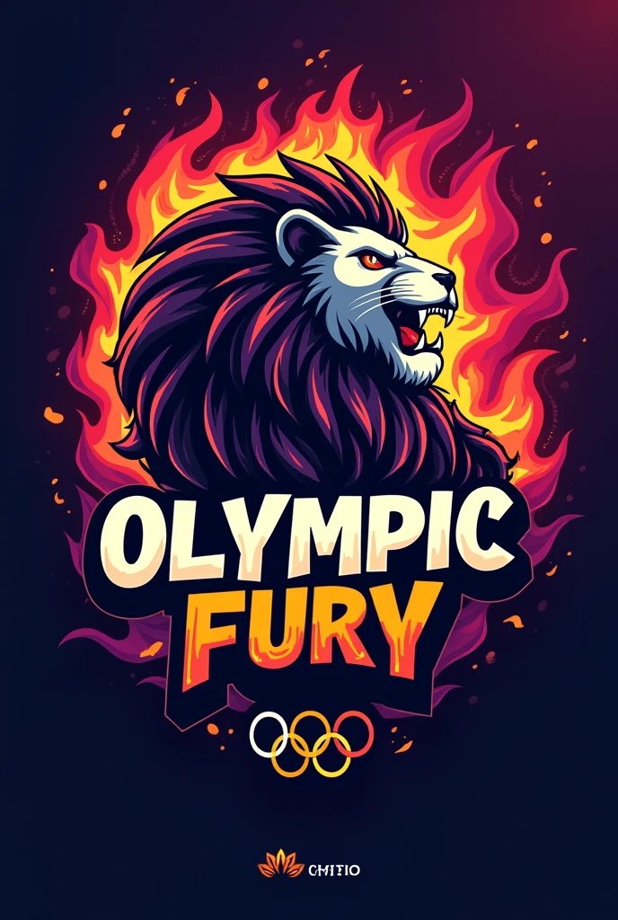 Create a Brazilian fan club logo, with vibrant colors such as purple, red and orange, and the following sentence written on it: OLYMPIC FURY Now try to fit a fierce lion into the picture