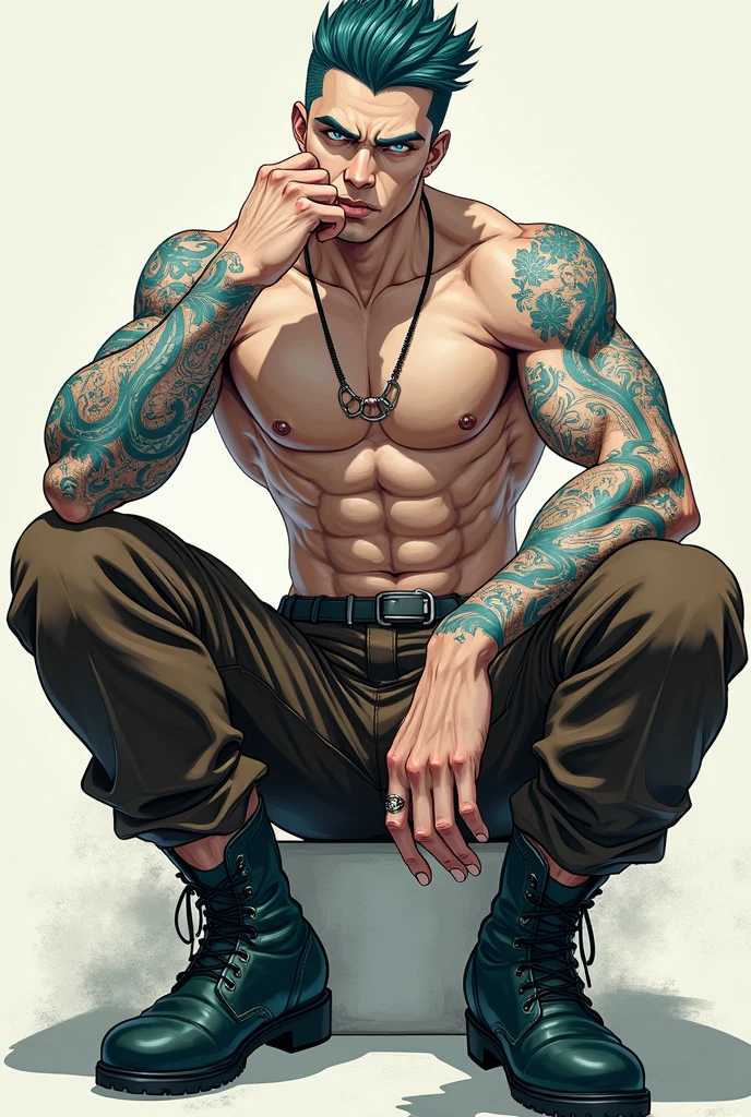 Create a man with white skin and blue tattoos on his arm, He is shirtless and wearing brown leather pants and dark green boots, your eyes are light blue.
anime styling!!!