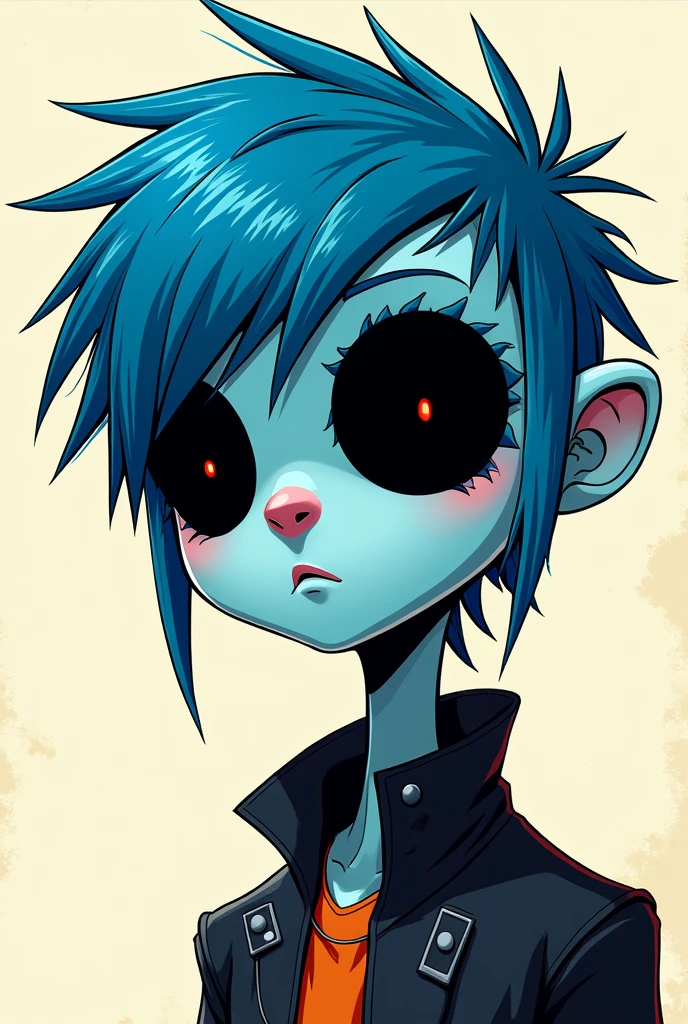 2d, Gorillaz band, blue hair, completely black eyes, Jamie's Art Style Jamie Hewlett,Man
Ilustração,